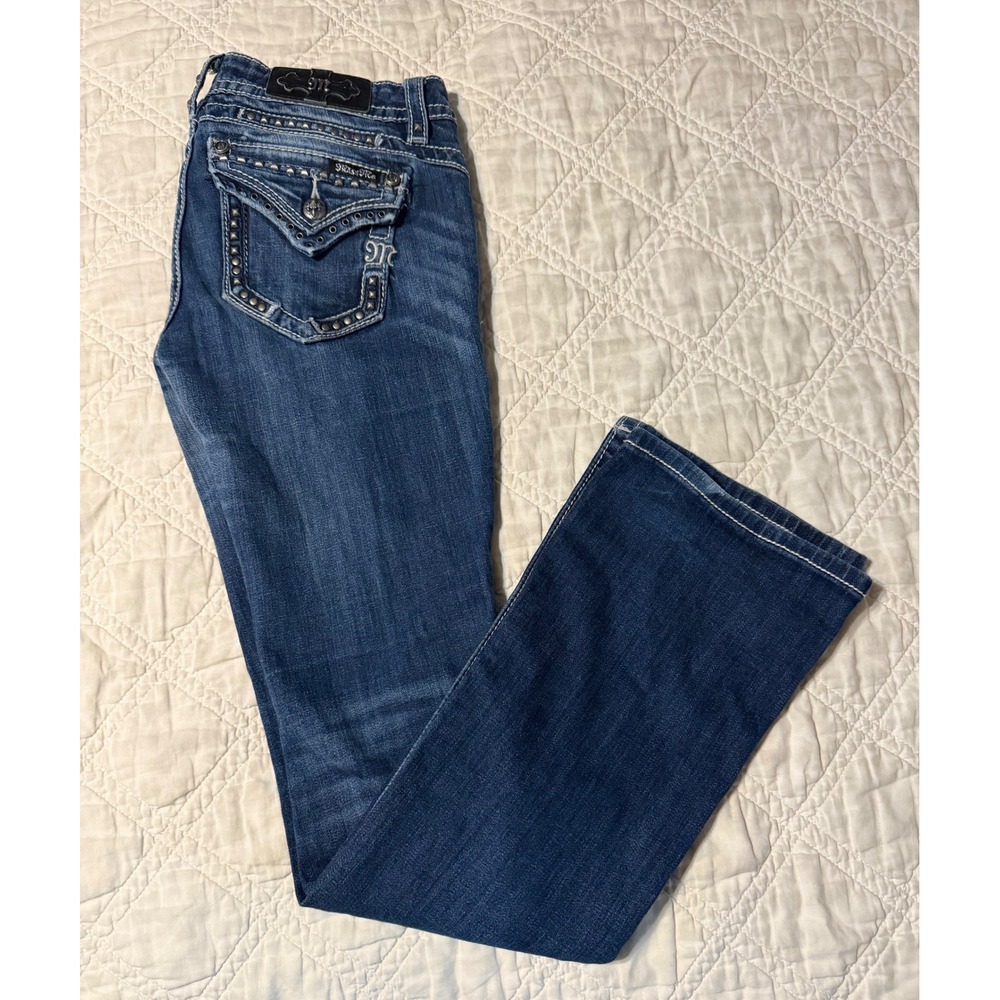 Miss Me Signature Boot Jeans Women 27 Blue Distressed Studded Embellished Flap